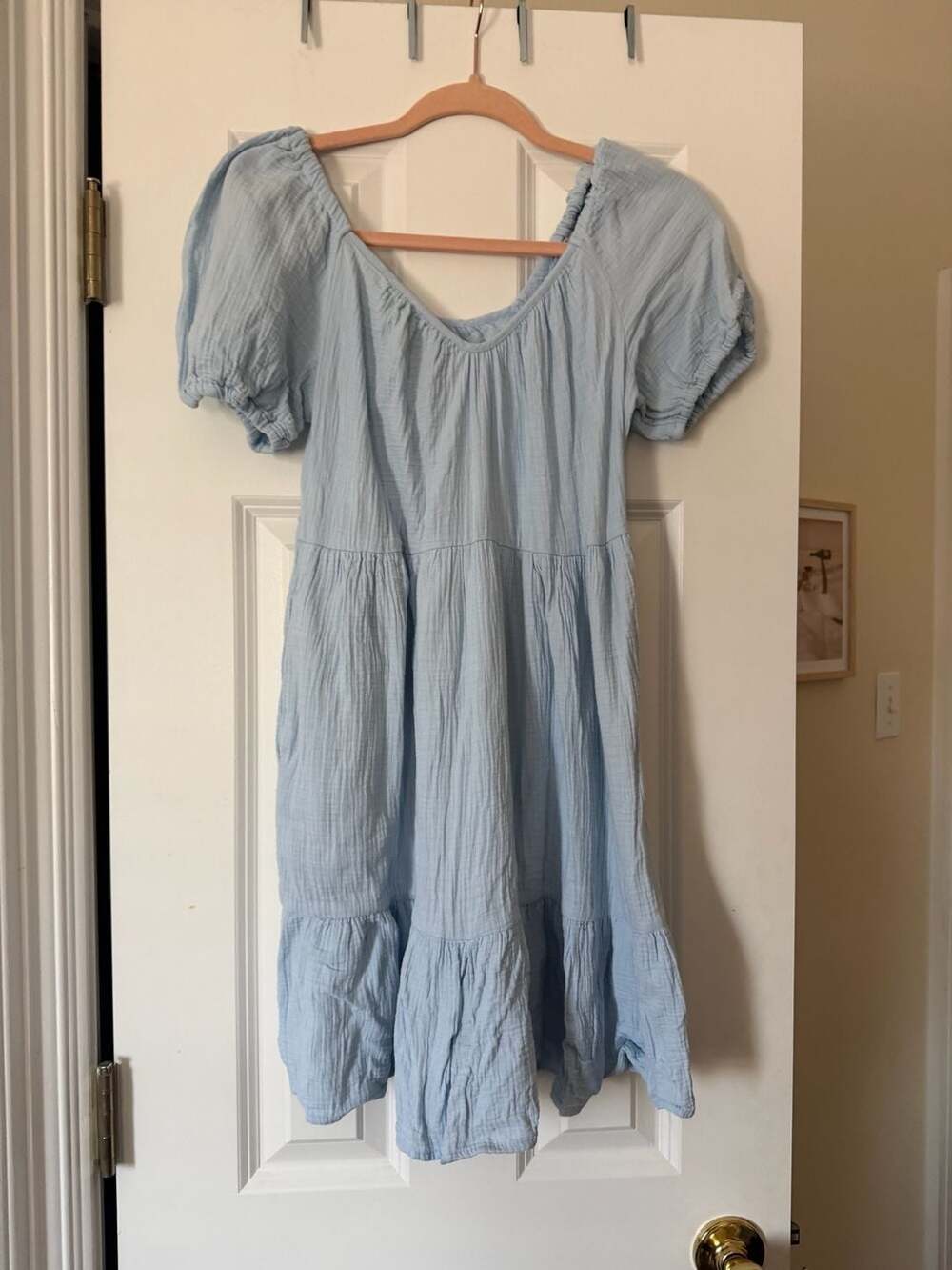 Universal Thread Women's Light Blue Crinkle Gauze Puff Sleeve Tiered Mini Dress